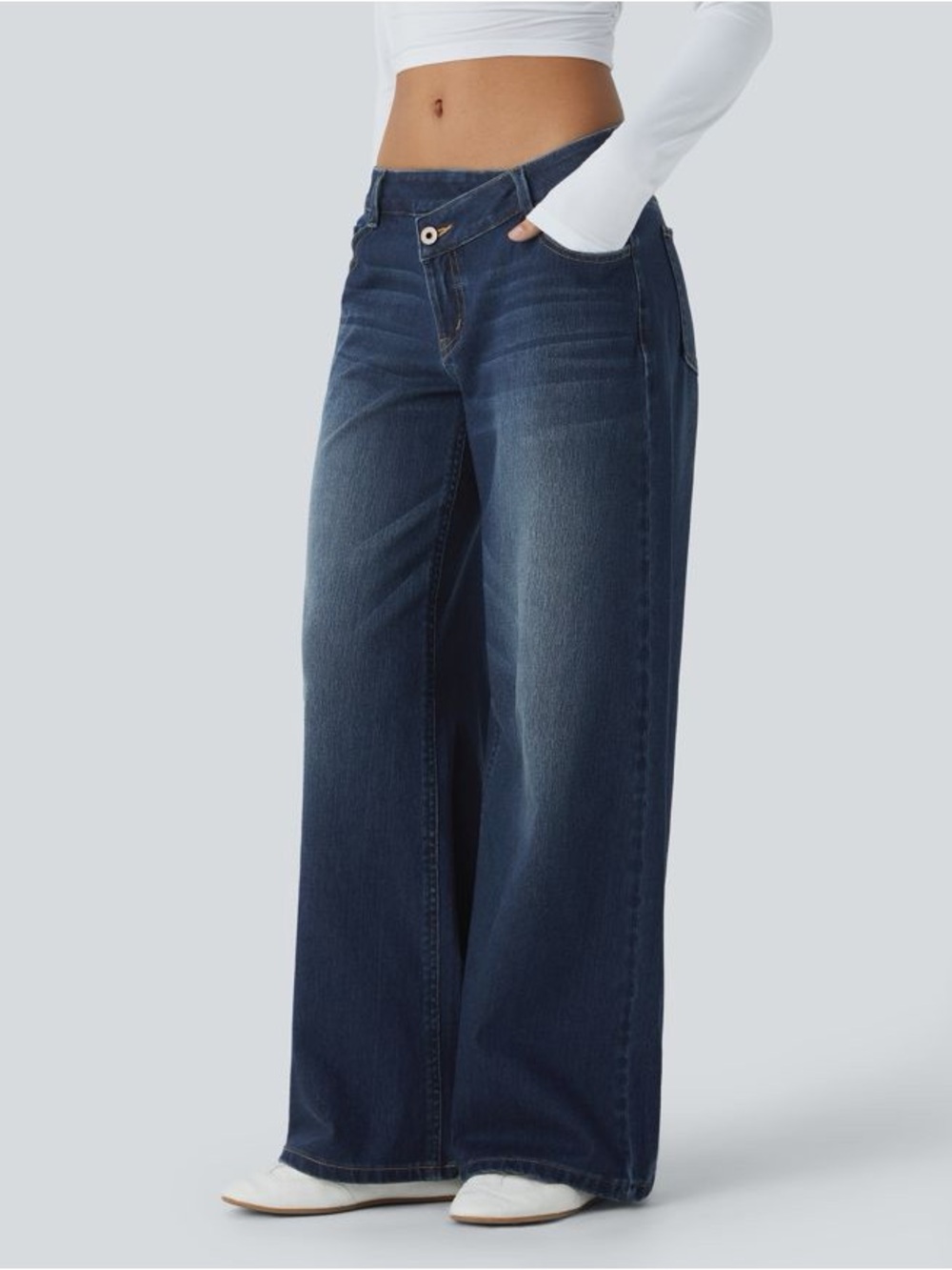 Halara Flex™ Asymmetric Low Rise Zipper Pockets Baggy Wide Leg Washed Casual SP - Picture 3 of 14
